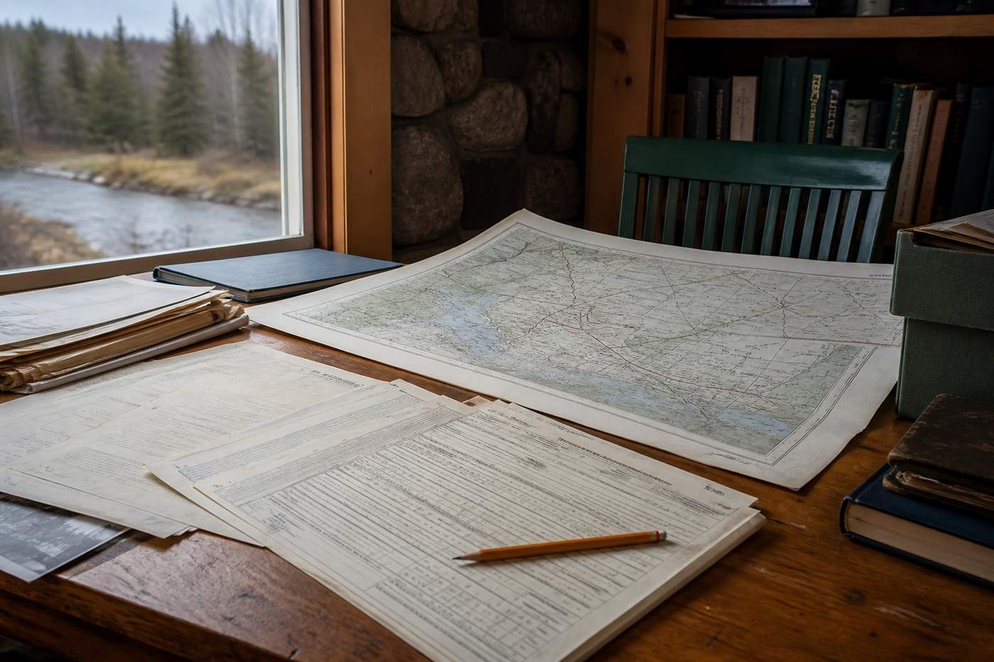 A regional map, census forms and a pencil on a research table