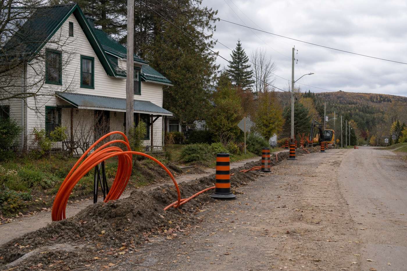Fibre conduit and marked roadwork along a small northern town street