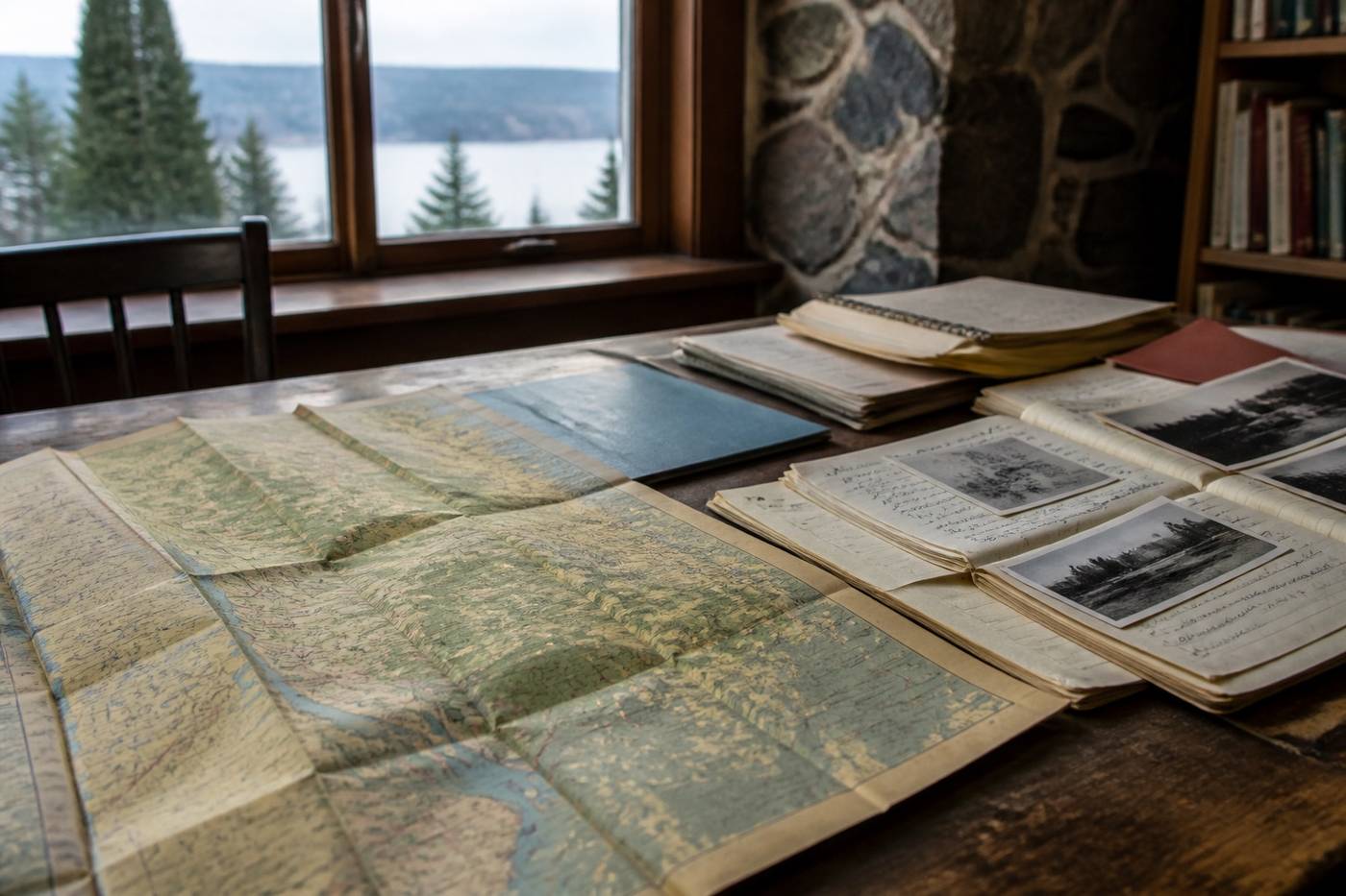A folded regional map of the Upper Ottawa Valley beside archival notes