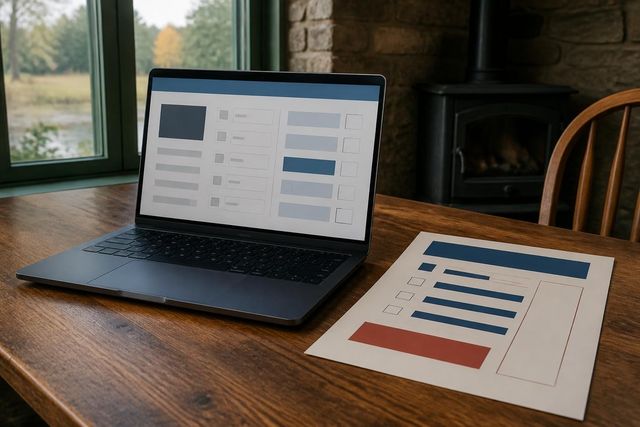 A laptop showing an abstract civic ballot interface beside a paper notice