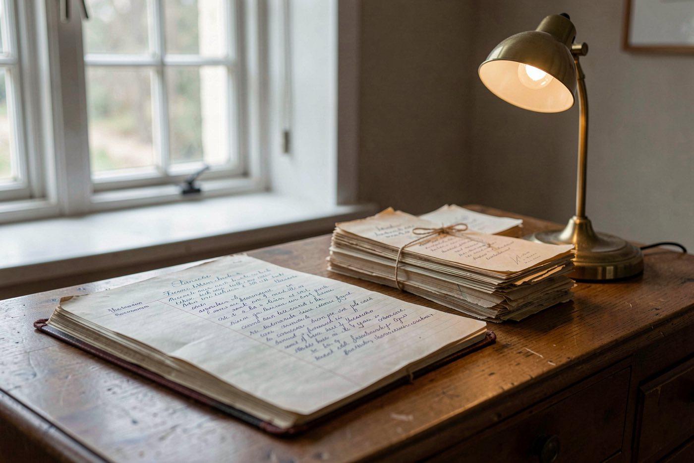 An open handwritten town register beside tied bundles of archived letters on a reading table